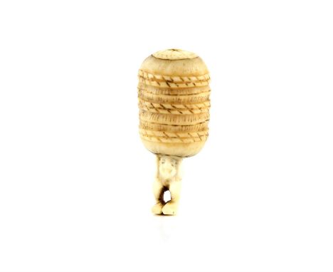 A Japanese Netsuke , Meiji Period Carved Ivory representing a person with a basket  4.9 X 2.3 cm, Comes with a Dutch certific