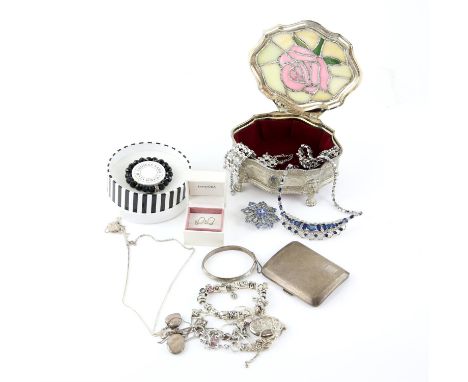 Costume jewellery, including, Pandora charm bracelet, with twenty silver charms, such as suitcase, kangaroo and lock and key,