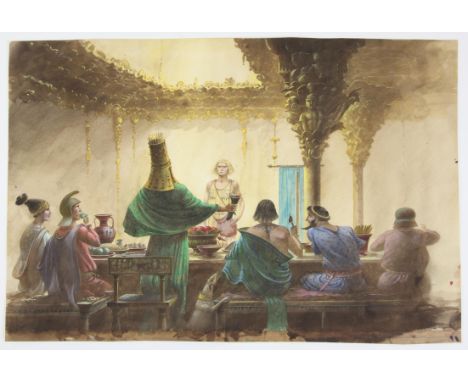 BBC Zig Zag, Greek myths, Paul Birkbeck 1939-2019, King Polyphemus confronting Perseus at a banquet with other figures, 36 x 