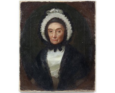 19th century British School. Portrait of a lady wearing a mob cap, in painted oval. Oil on canvas, relined. 29 x 24.5cm. 