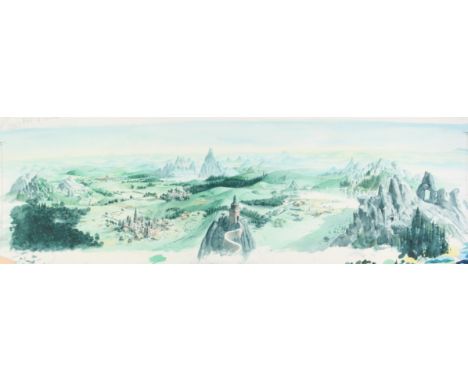 Panoramic landscape by Paul Birkbeck 1939-2019, with castles, villages and mountains, 30 x 104 cms.ABOUT PAUL BIRKBECK; an ap