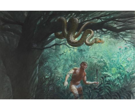 Ethnographic series, Paul Birkbeck 1939-2019, Amazonian tribesman with a spear, a snake above him on a branch, 32 x 48 cms., 