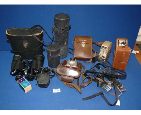 A quantity of cameras and binoculars, etc., to include cased Copitar triple tested 12 x 50mm field binoculars, cased Paxette 