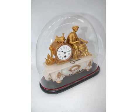 An elegant Alabaster based Mantel Clock having a gilded finished cased single train movement surmounted by a locomotive of ea