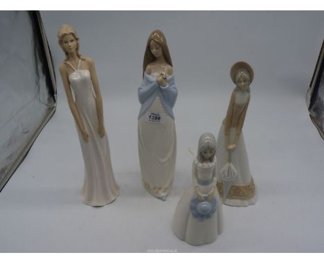 Four ladies figurines including Nao lady clutching a posy, Leonardo Collection lady in an evening gown etc.