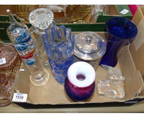 A quantity of glass including heavy decanter, blue cylindrical vase, biscuit barrel with metal rim and lid, Bristol Blue vase