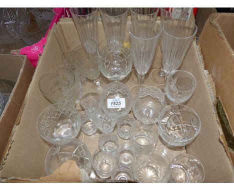 A quantity of glass including champagne flutes, wine, brandy, sherry etc.