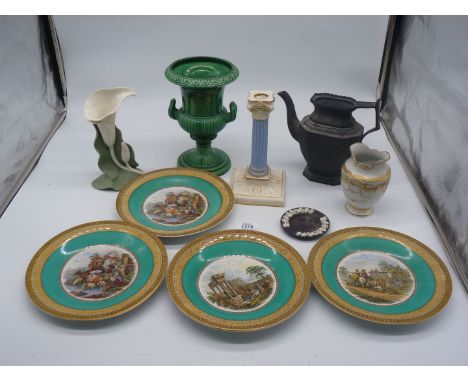 A small quantity of china including a Dartmouth urn,black Wedgwood Jasperware ashtray, Adderley vase, black Jasperware style 