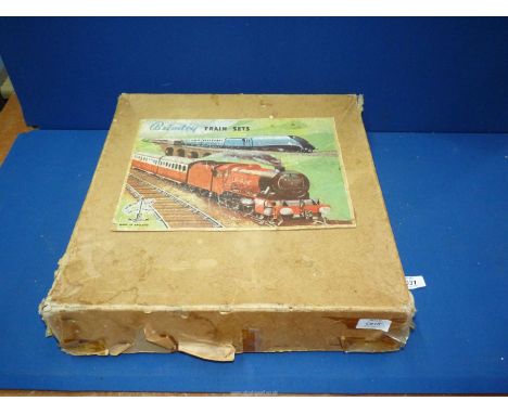 A boxed 'Brimtoy' clockwork train set with engine, carriages, station, etc, Dinky toys, Meccano carriage, Crescent carriage, 