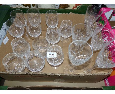 A quantity of cut glass including five cut glass wine glasses, six brandy balloons and an engraved tumbler, plus six pressed 