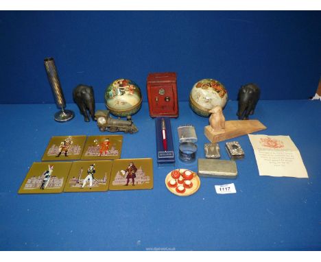 Two large vintage papier mache father Christmas baubles, small wooden doll's Teaset, metal train with clock, small money box 