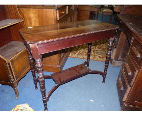 An Edwardian satinwood Table standing on turned legs united by a lower shelf, 36'' x 18 3/4'' x 29'' high.