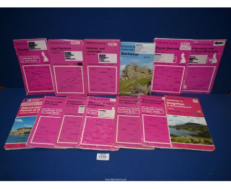 Twelve Ordnance Survey maps including Gloucester, Worcester and the Malverns, Lleyn Peninsula etc.