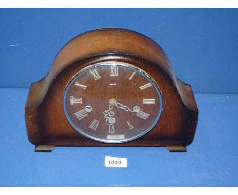 A Smith's mantle clock with key and plaque verso with the dedication 'Bill Creed of Leyhill Prison'.