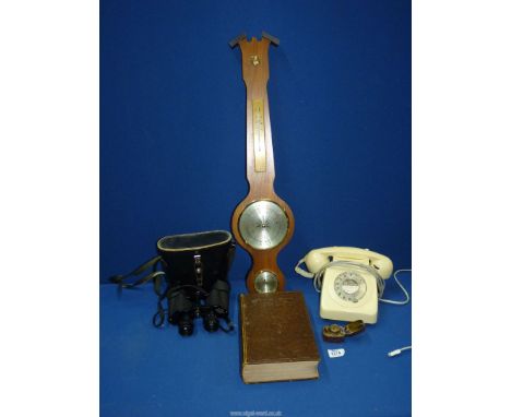 A quantity of miscellanea including barometer, dial telephone, 8 x 40 cased binoculars, small cased inkwell and a volume of '