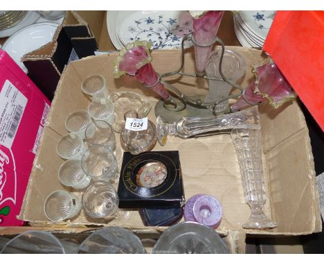 An Epergne with three cranberry flutes, Caithness vase, Royal Brierley bud vase, old glasses etc.