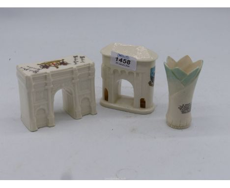 Three pieces of crested ware to include Monnow Gate Bridge by Goss, Arcadian Marble Arch etc.