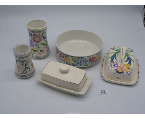 A small quantity of Poole Pottery to include fruit bowl, vases, cheese dish and butter dish.
