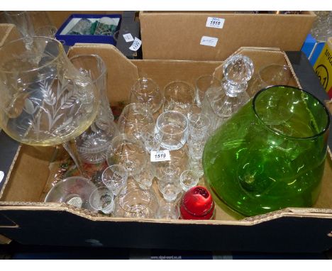 A quantity of Tudor sherry glasses together with a large green goblet, brandy glasses, cut glass vase, red paperweight, etc.