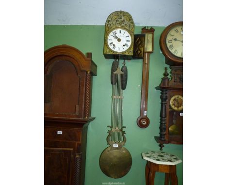 An unusual two train upright driven movement Wall CLock having a domed 8 1/4'' diameter white enamelled face with Roman numer