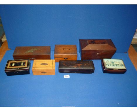 A quantity of boxes including tea caddy, tea caddy on brass feet, honesty box and an oriental pencil box.