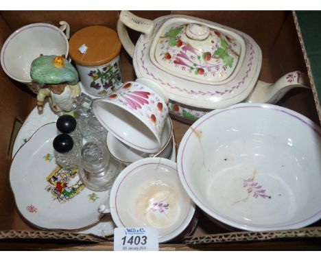 A quantity of china including old Welsh Gaudy teacups, saucers and teapot, Coalport plate, Beswick Benjamin Bunny, glass perf