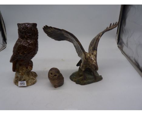 Three pottery birds including an owl, eagle and a Poole pottery owl.