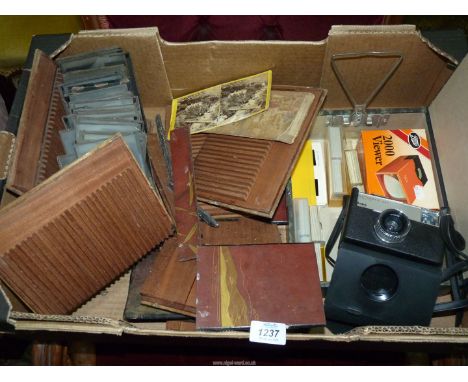 A quantity of Stereoscope slides with parts of a slide holder box of oriental design but all needs restoring, plus a small bo