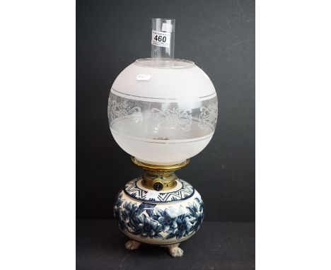 Victorian Taylor Tunnicliffe oil lamp with cream and blue floral china base, drop-in font, Hinks burner and an opaque etched 