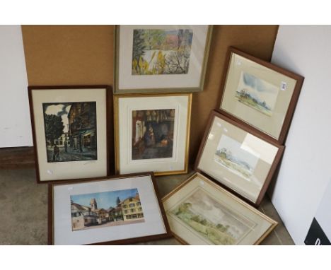 Six Framed and Glazed Watercolours including Old Woman by a Fire by Mary Freeman and Continental Town Scene signed R S Thorn 