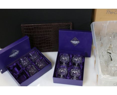 A collection of crystal cut glasses to include wine glasses, sherry glasses, tumblers , tankard and jug together with boxed E