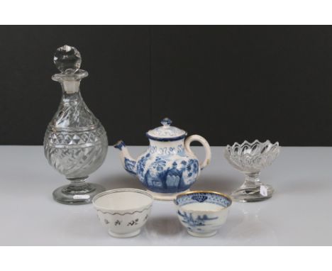 Tin Glazed Blue and White Teapot 13cm high together with 18th century Tea Bowl, another Tea Bowl, 19th century Glass Spiral C