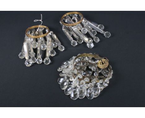 19th century Three Tier Waterfall Pendant Light Fitting with crystal drops 17cm diameter together with a Pair of Pendant Ligh