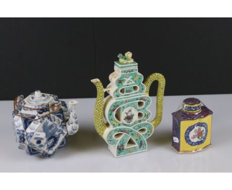 Chinese Blue and White Tea Pot of geometric form, character seal mark to base, 16cm high together with Chinese Famille Verte 