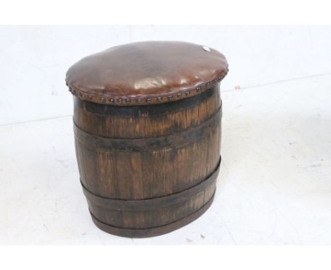 Vintage leather topped oak barrel stool 