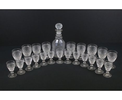 19th century Glass Decanter with Three Ringed Neck and Hobnail Cut Glass Body together with Nine Large matching Wine Glasses 