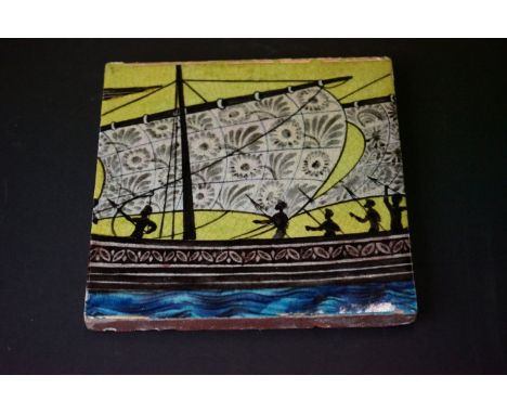 Tribal ship with people tile by Poole Pottery, Dorset 