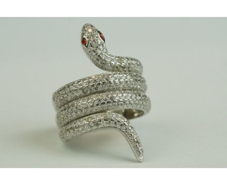 Silver CZ snake ring with ruby eyes 