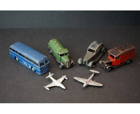 A small collection of vintage play worn die cast vehicles to include Gloster Meteor, Morris commercial, Rolls Royce...etc. 