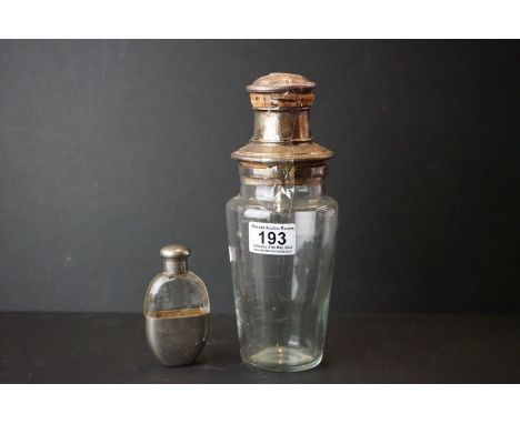 An antique glass and silver plated cocktail shaker together with a glass and silver plated hip flask.