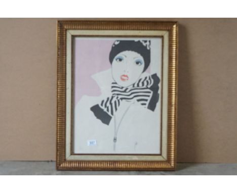 Studio framed signed lithograph portrait of a 1920s flapper girl 