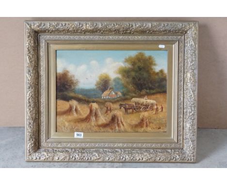 Vintage oil painting on board of a harvest scene 