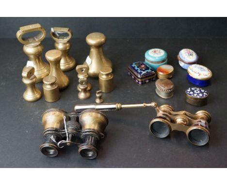 A small box of mixed collectables to include enamel patch boxes, agate topped pill boxes, two sets of Opera Glasses and brass