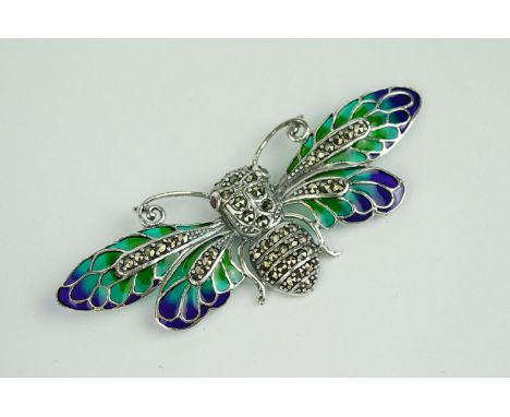 Silver and plique-a-jour butterfly brooch with ruby eyes 