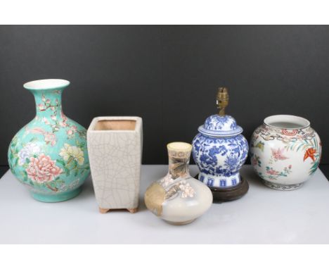 20th century Chinese Famille Rose Vase decorated with insects, birds and flowers, Crackle Glazed Square Vase, Blue and White 