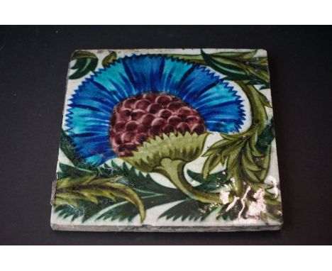 William De Morgan tile of blue flower, stamped W De Morgan to back 