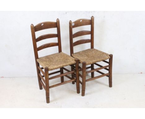 Pair of Small Oak Ladder Back Chairs with rush seats, 80cm high 