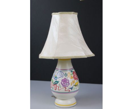 Poole Pottery Table Lamp, shape 673A decorated in the blue cockerel and yellow bird pattern, with shade, total height 45cm 