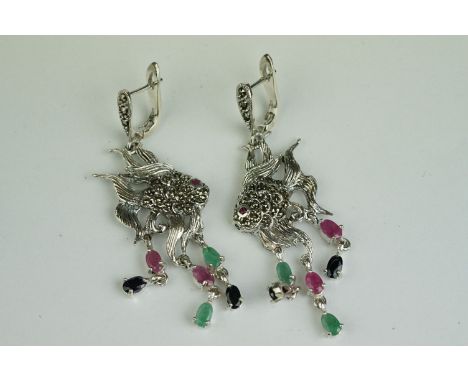 Pair of unusual silver earrings with ruby, emerald and sapphire drops in the form of angel fish 