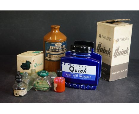 A collection of vintage ink bottles to include a 1/3 full bottle of Parker permanent blue ink together with a Parker advertis